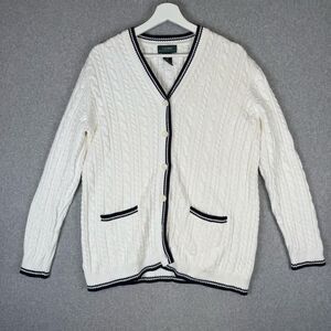 Lauren Ralph Lauren Womens Large Cable Knit Cardigan Sweater White Blue Trim